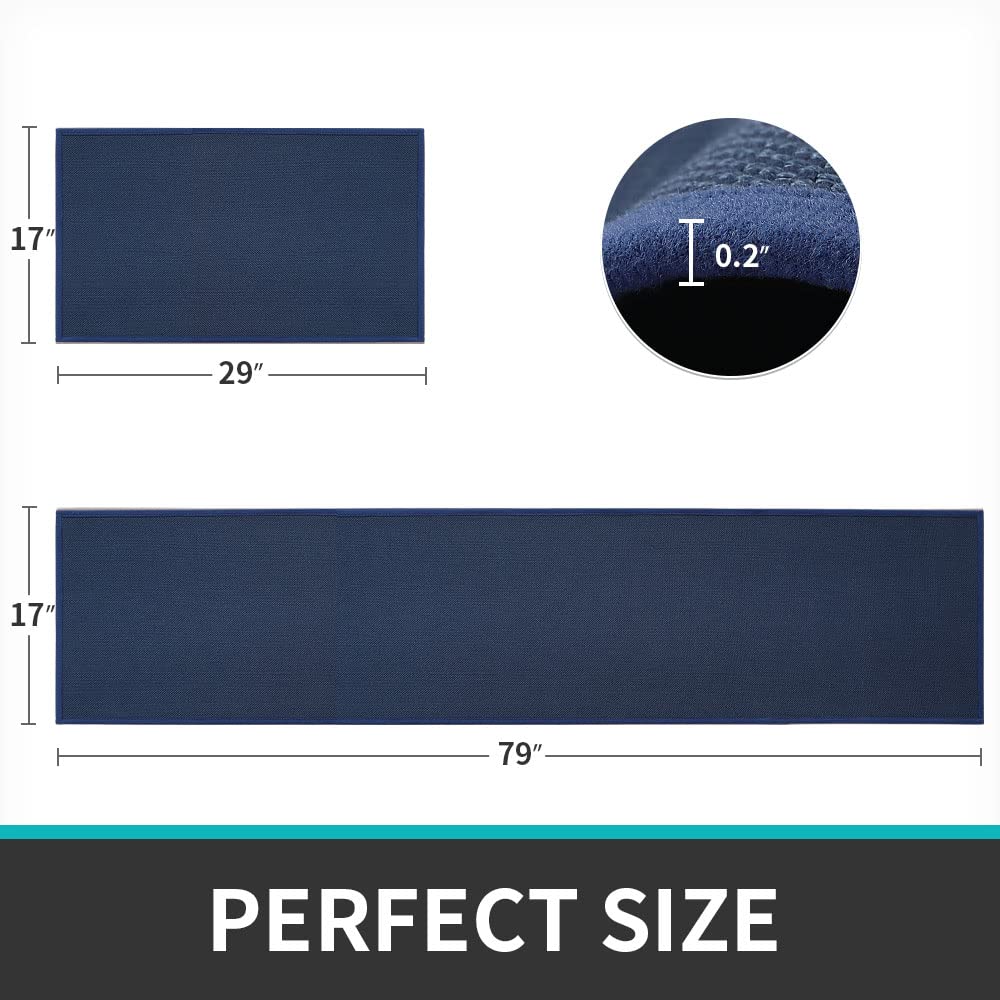DEXI Kitchen Rugs and Mats Non Slip Washable, Absorbent Kitchen Mats, Woven Kitchen Runner Rug, Kitchen Floor Mats for Front of Sink, Laundry Room, Hallway, 17"x29"+17"x79", Navy