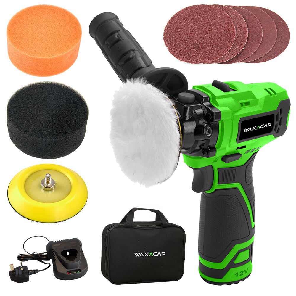 Mini kit de pulidora inalámbrica para coche con 2 ajustes de velocidad, juego de detalles de pulido de búfer alimentado por batería de 12 V, incluye espuma plana, papel de lija y almohadillas