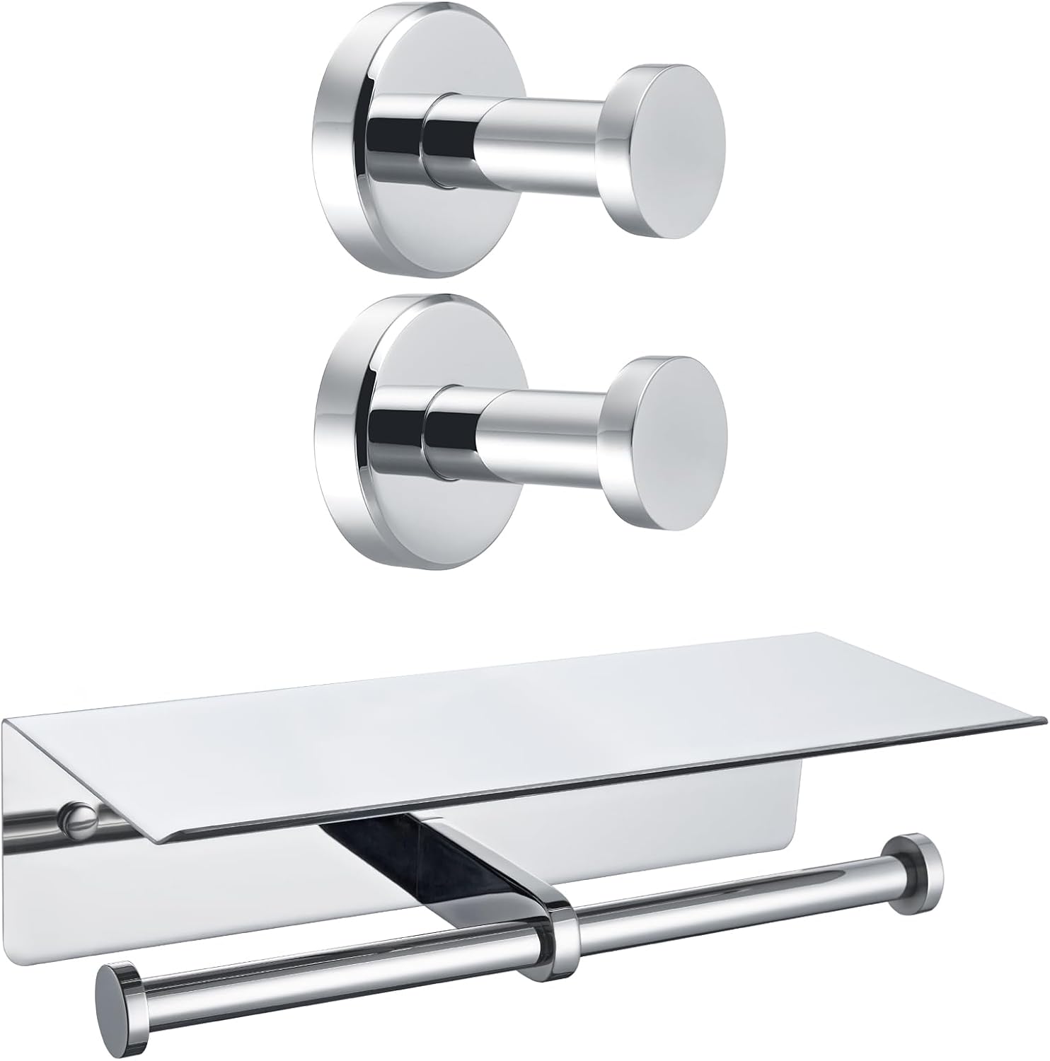 Toilet Paper Holder with Shelf, 2 Pack Coat Hook Bundle, APLusee 304 Stainless Steel Wall Mounted Bathroom Accessories Polished Chrome