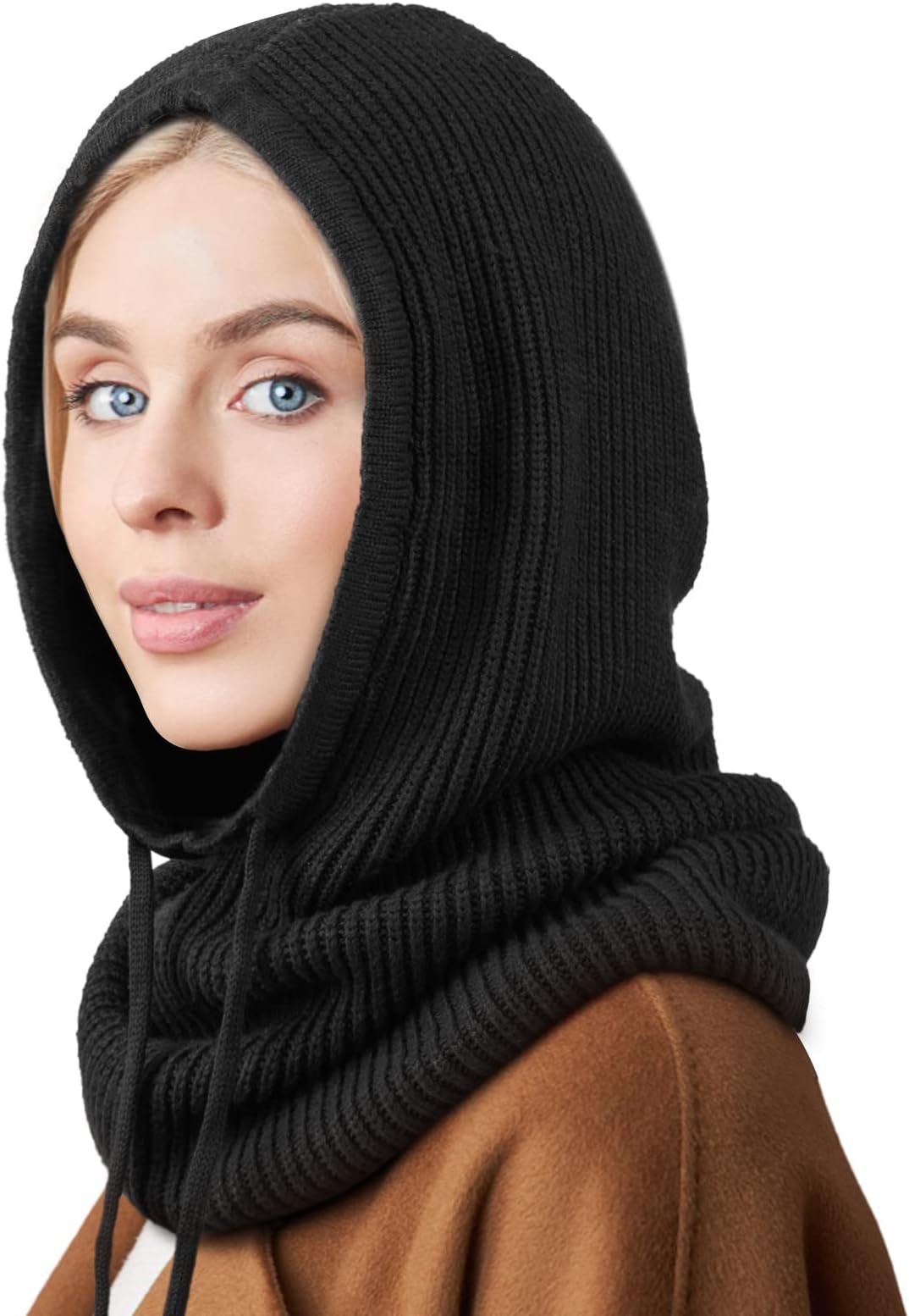 Winter Hats Balaclava Knit Beanie with Adjustable Drawstring Warm Hooded Scarf Skull Cap - One Size