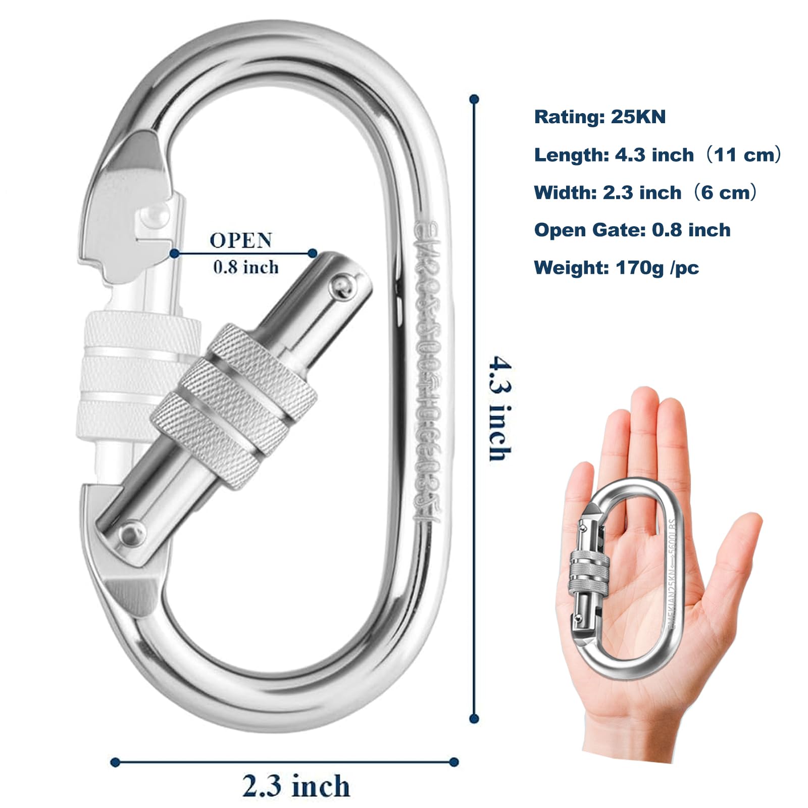 Moschettone ovale per interni ed esterni, con tappo a vite, 25 Kn (5600 lbs) per amaca da giardino, corda, escursionismo, campeggio