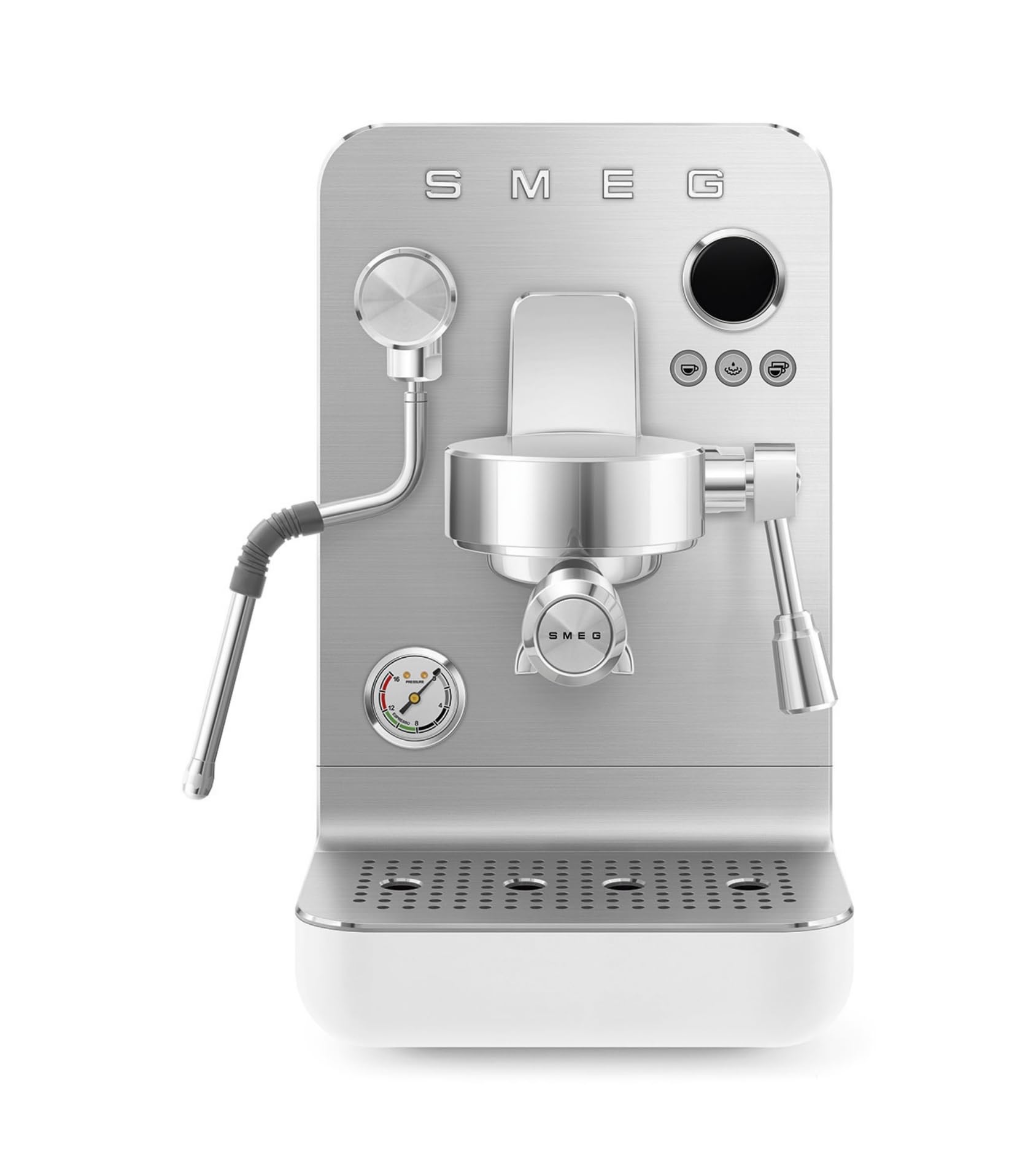 Smeg, Manuelle Espresso-Kaffeemaschine MiniPro EMC02WHMEU, Dreifach-Thermoblock, professioneller Dampfstab und Filterhalter, 1,7-Liter-Tank, abnehmbare Abtropfschale, 1700W, Weiß Matt
