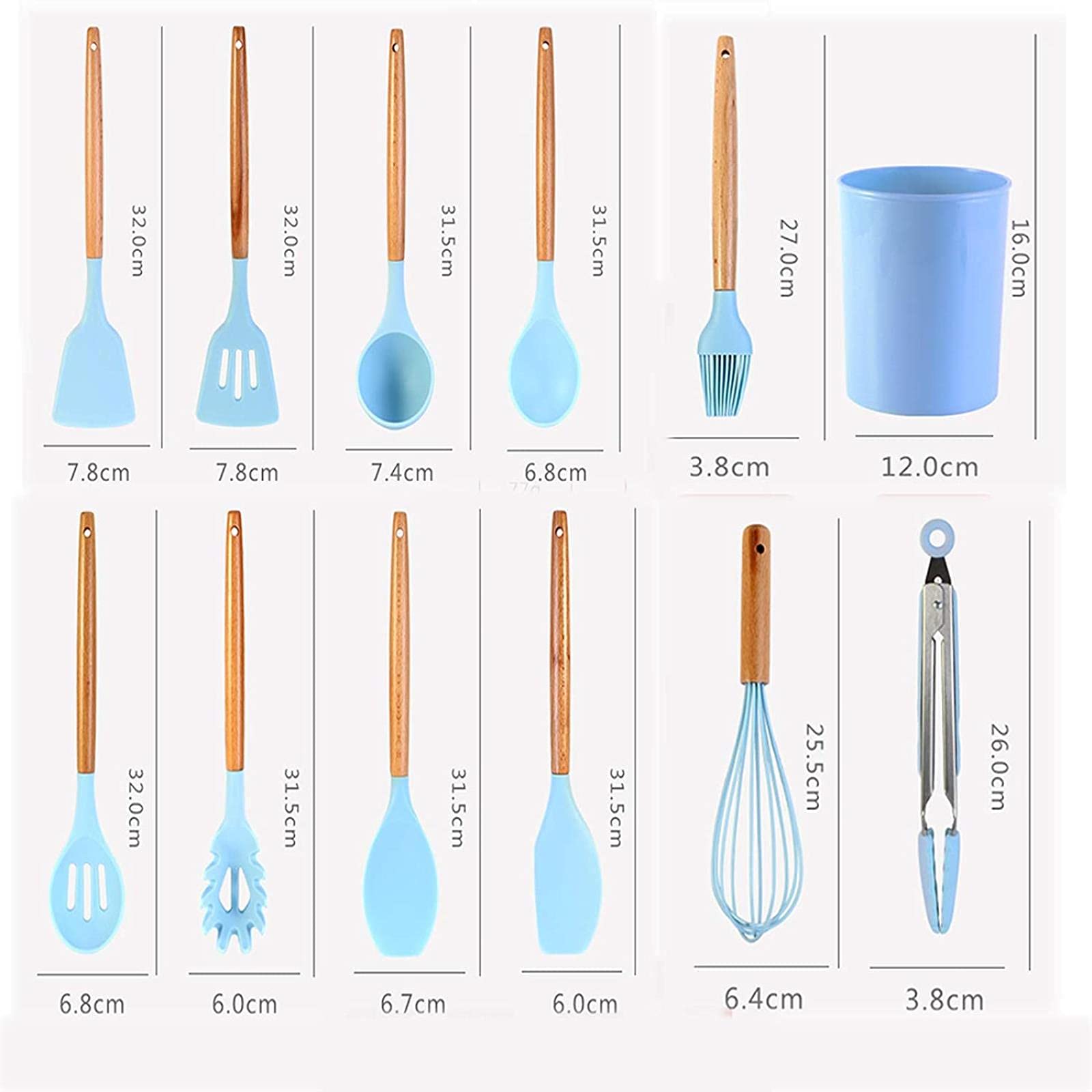 Langlebige Küchenutensilien-Set mit Halter 12-teilig Exquisite BPA-frei Holzgriff Silikon-Utensilien-Set Küchenhelfer