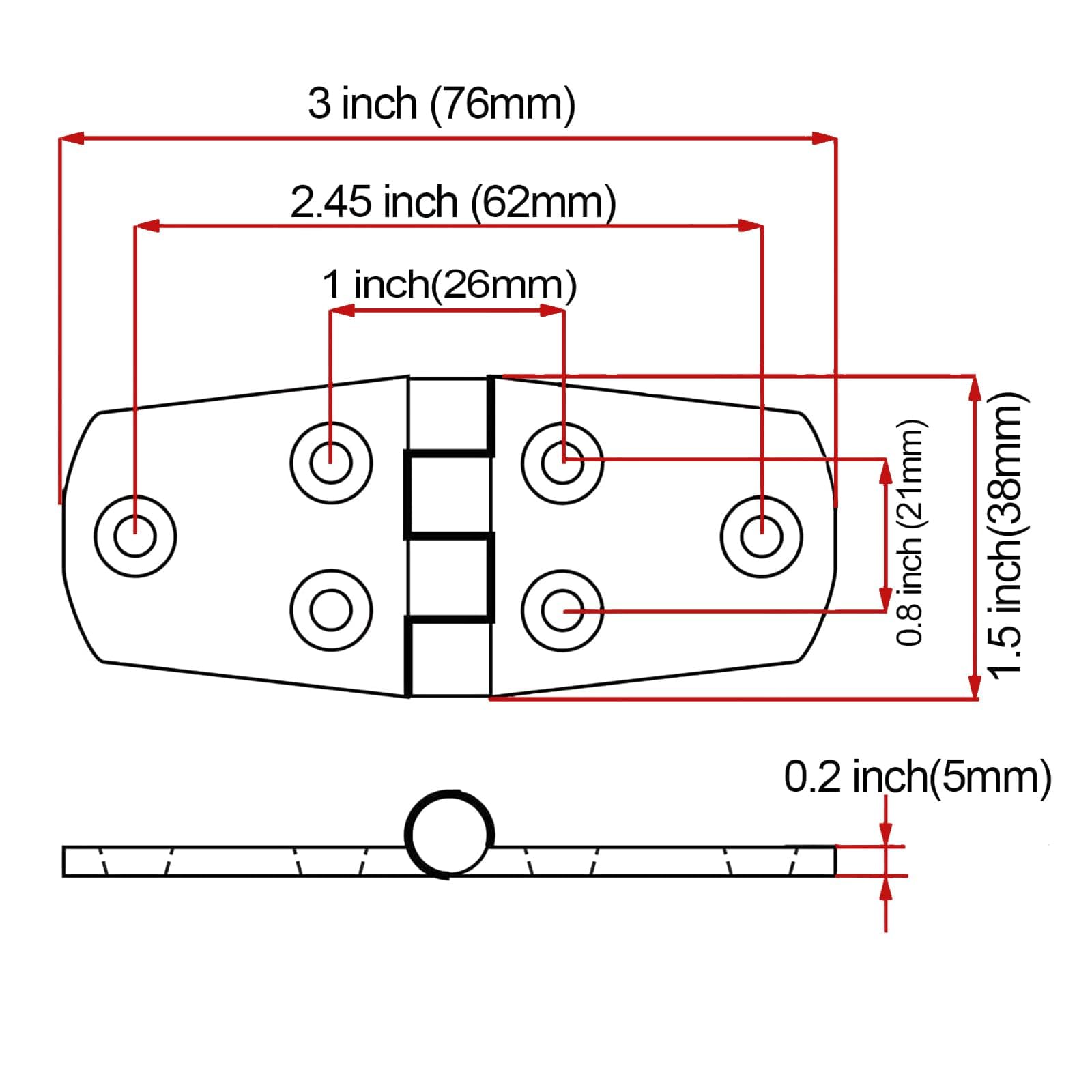 Zawiasy ze stali nierdzewnej 316, klasa morska, 7,6 cm x 3,8 cm, wytrzymały zawias do łodzi (76 mm x 38 mm), zawias do drzwi szafki ze śrubami (6 sztuk)