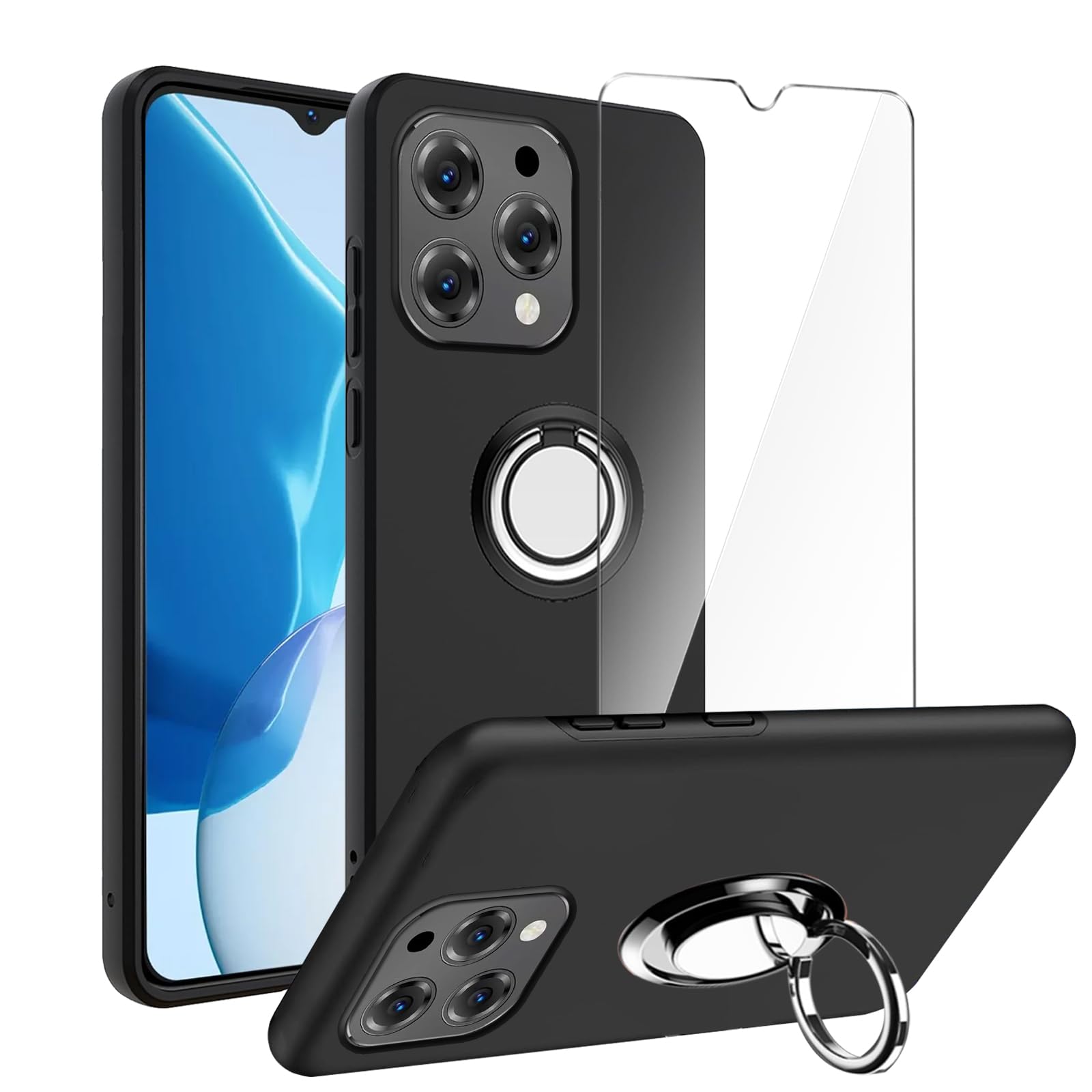 LYZXMY Case for Doogee N55 Plus/Doogee N55/Doogee N55 Pro (6.56") Black phone case + 360° Rotating Ring Stand+ 1 pcs tempered Glass Screen Protector.