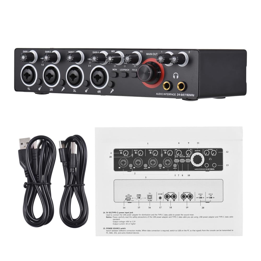 Tarjeta de sonido de grabación de 4 canales con interfaz de audio sin controlador, tarjeta de sonido USB de 4 pulgadas y 4 salidas de 24 bits/192 khz, fuente de alimentación Phantom de 48 V para