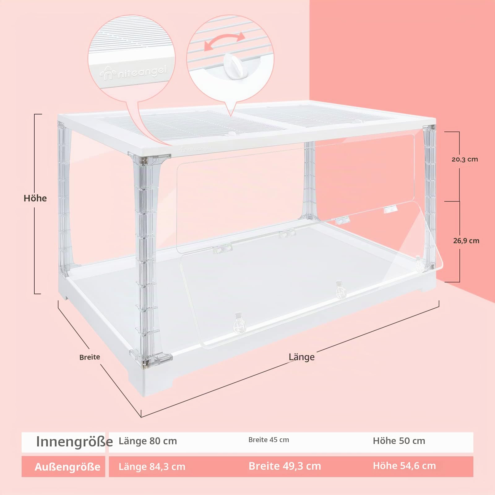 Niteangel Stacker Serie Hamsterkäfig - Stapelbarer und großer Glasbehälter für Hamster, Gerbils, Mäuse, Degus oder andere kleine Haustiere (Dreiseitenglas + Vordere Acryl-Öffnungstür)