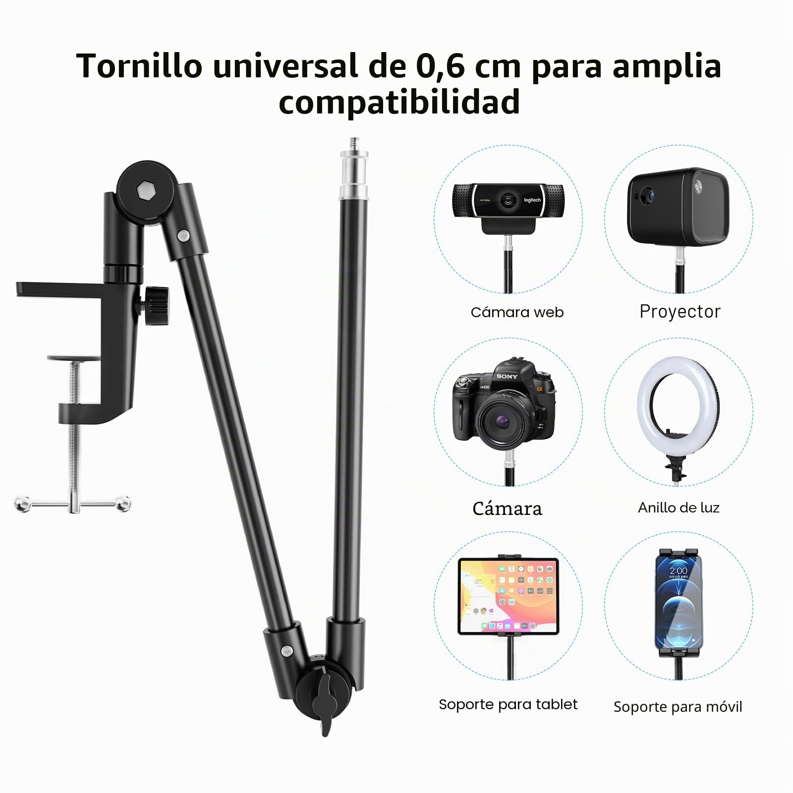 Soporte para Tableta con Soporte de Trípode para iPad de 360°, 68.5cm Soporte para Cámara Web de Brazo Largo para Escritorio, para Dispositivos de 4.7"-13", iPad Pro 12.9 Air Mini, Galaxy Tabs, Nexus