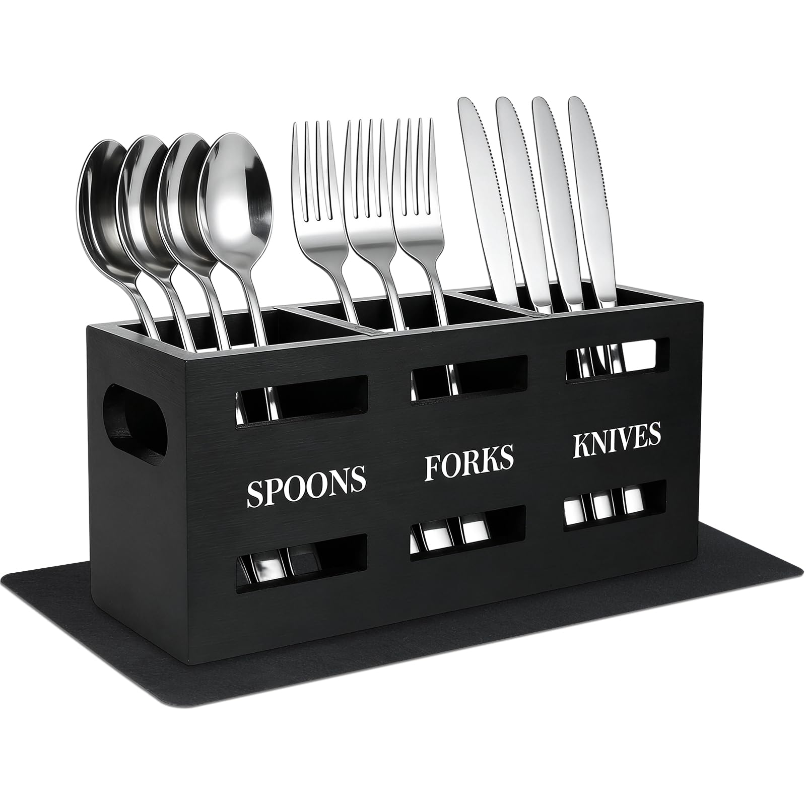 VirtuGro Kitchen Utensils Holder Wooden Cutlery Holder Black Utensil Holder with 3 Compartments & Drainage Bottom & Felt Mat, Multipurpose Flatware Caddy Cutlery Holder for Forks Spoons Cutters Knife