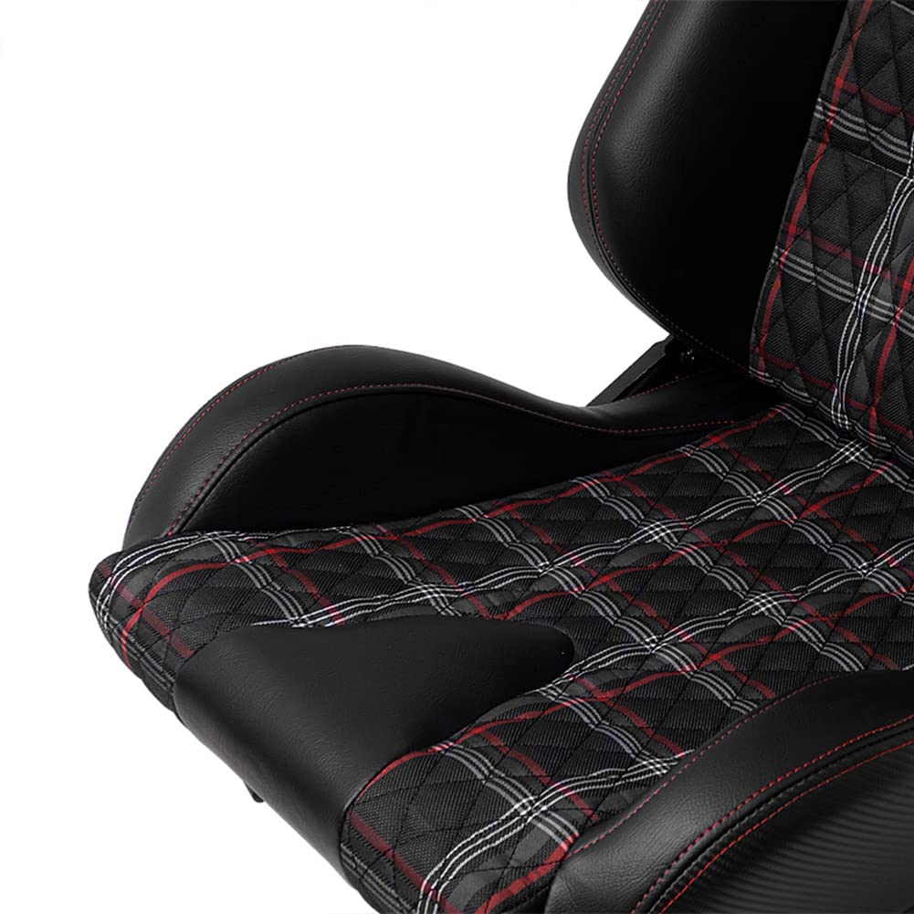 AutoStyle Siège baquet 'GT' - Simili Cuir Noir + Tissu en motif à carreaux Rouge + Surpiqûres Rouge - Dossier réglable - incl. glissières