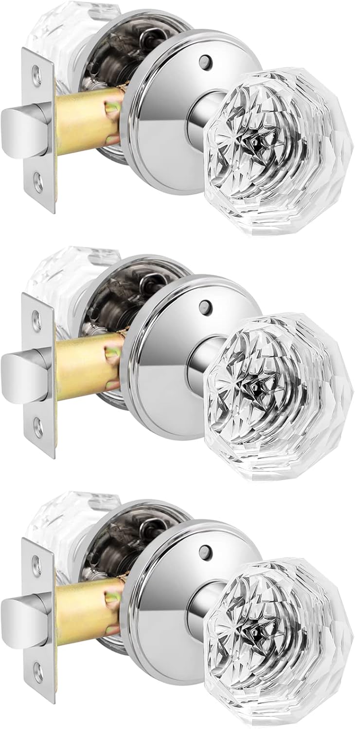 Fеаturеd Prоduсt Orger 3 Pack Diamond Crystal Door Knobs, Privacy Door Handles for Bedroom/Bathroom, Interior Keyless Door Knobs with Pin Lock, Zinc Alloy Rosette Polished Chrome