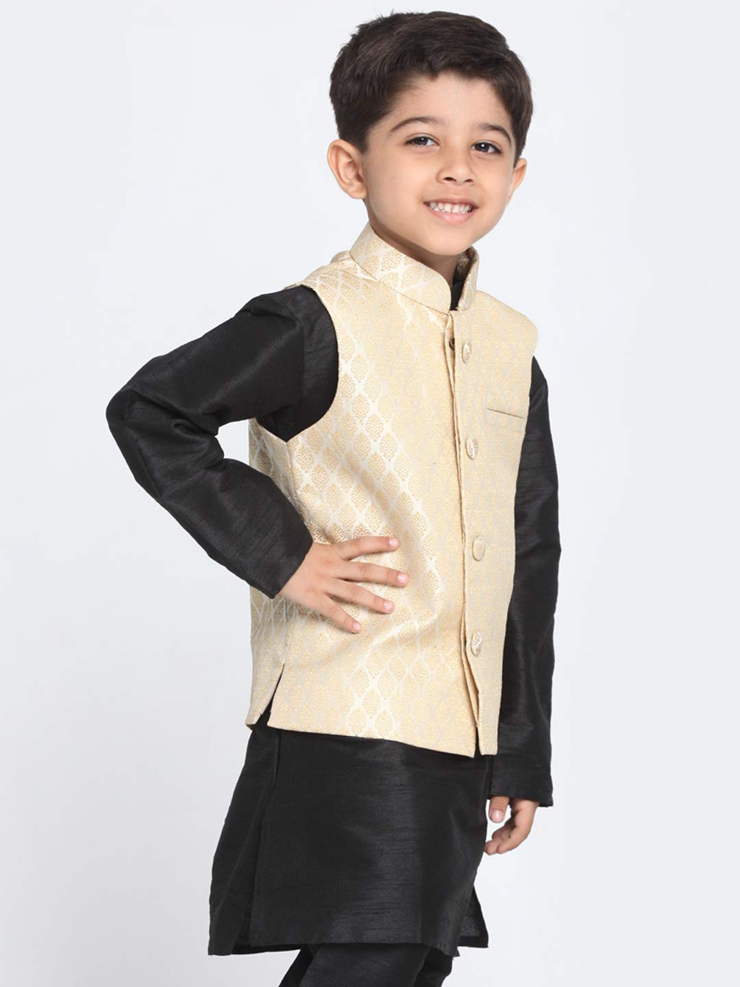 Vastramay Banarasi Brocade Woven Jacquard Nehru/Modi Jacket For Boys  Cream Ethnic Waistcoat For Weddings & Festivals