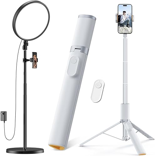 Weilisi Paquete de trípode para teléfono 2 en 1 con gran kit de luz profesional de anillo de pantalla completa, anillo de luz con control remoto