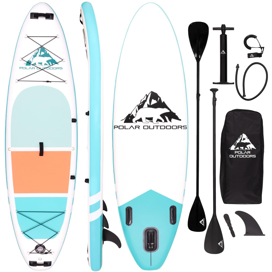 polar outdoors by roc inflatable stand up paddle board with premium sup paddle board accessories wide stable design non-slip comfort deck for youth amp adults mist w kayak seat