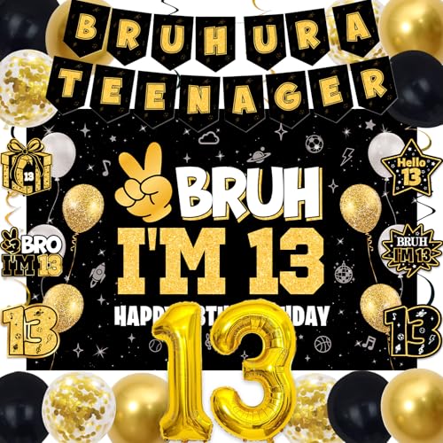Image of 13th Birthday Decorations for Boys Girls, Black Gold Bruh Ur A Teenager Birthday Party Decorations, Bruh I'm 13 Backdrop, Foil Balloons 13, Banner, Balloons, Hanging Swirls, Birthday Card Set 45pcs