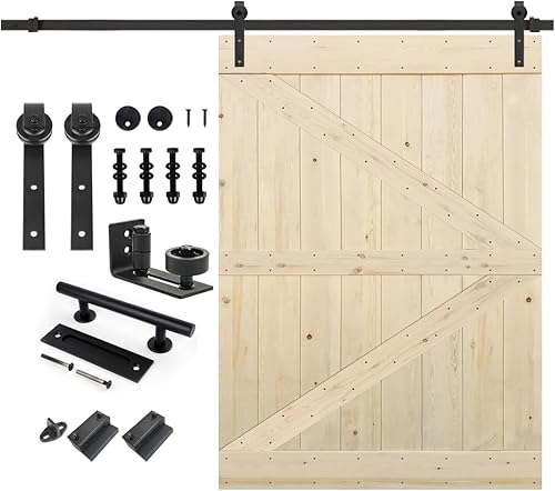 Miniatura 62 de S&Z TOPHAND 48" x 80", Puerta estilo granero British Brace de madera nudosa, sin terminar, con kit de herrajes para puerta corredera de 8', madera