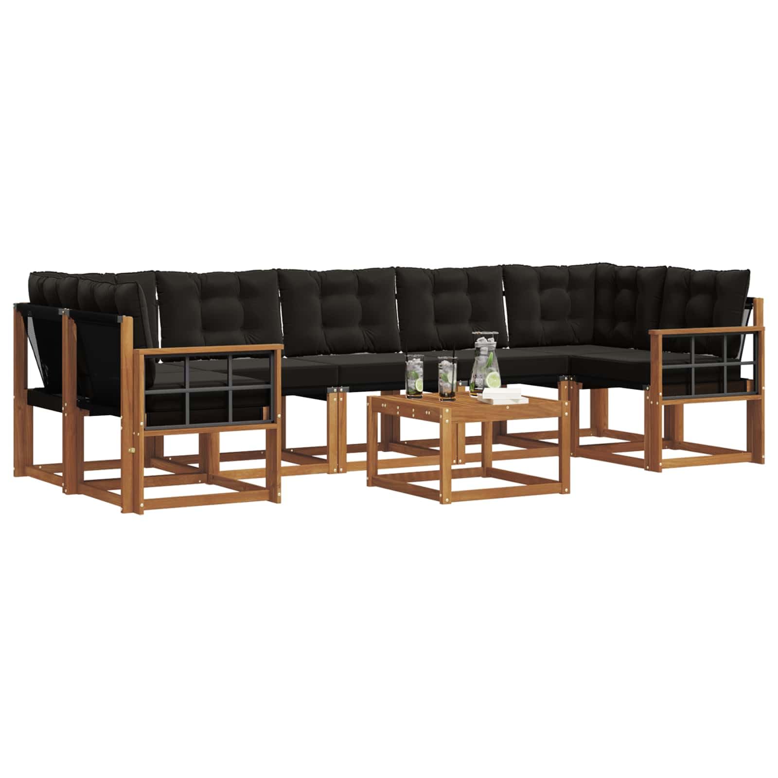 vidaXL Zestaw sof na zewnątrz z poduszką 8 pcs Naturalny i czarny, Nowoczesny zestaw sof na taras, solidny lounge ogrodowy, komfortowe siedzenie, poduszki z drewna akacjowego, odpoczynek