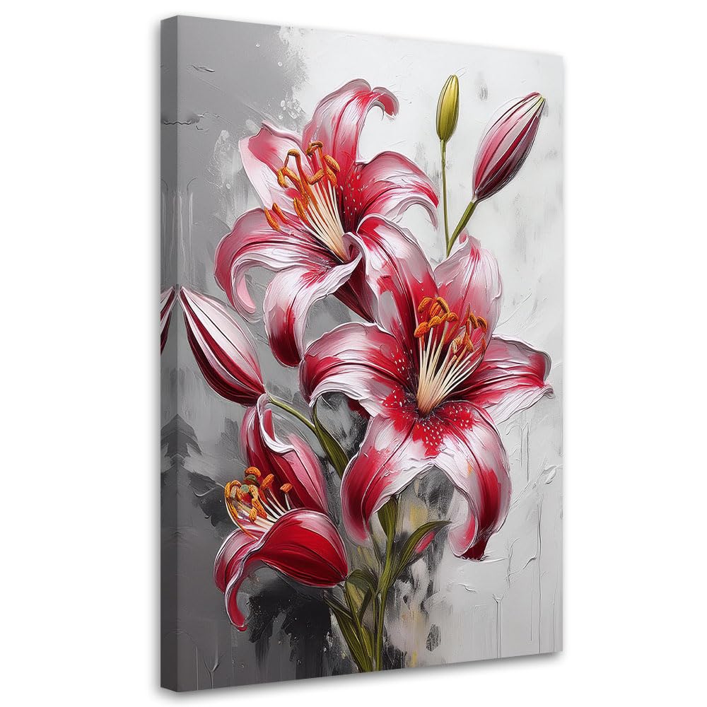 Feeby Bild auf Leinwand - Wandbilder Wohnzimmer Aesthetic - Rot Gemalte Lilien - 60x90 1tlg - Schlafzimmer Wandekoration - Bilder Zimmer - Living Room - Deko Wandbilder - Moderne Bild