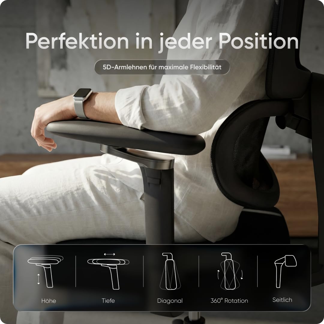 Move Pro Bürostuhl ergonomisch bis 150kg (Testsieger) - 5 Jahre Garantie | Schreibtischstuhl mit intelligenter Lordosenstütze, 3-stufiger Neigung, höhenverstellbare Rückenlehne, 5D-Armlehnen (Schwarz)