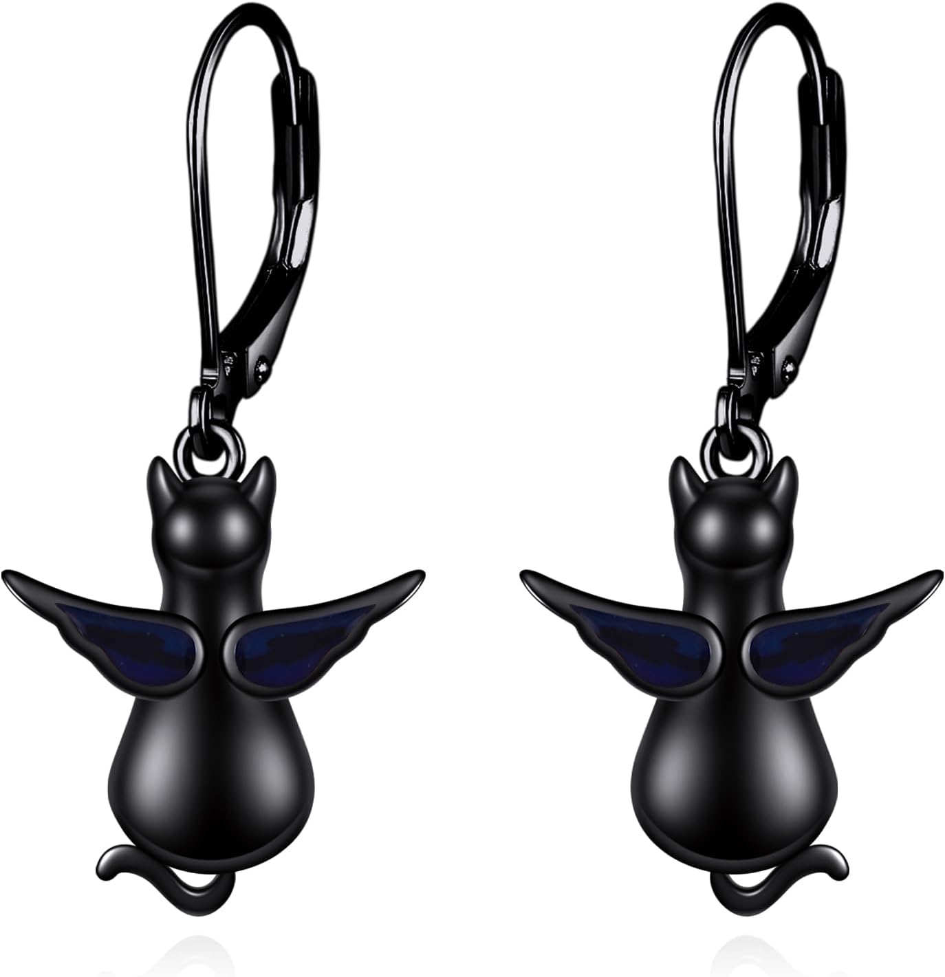 Black Cat Earrings 925 Sterling Silver Black Cat Earrings Dangle with Wings Black Cat Jewelry Gifts for Women Cat Lovers