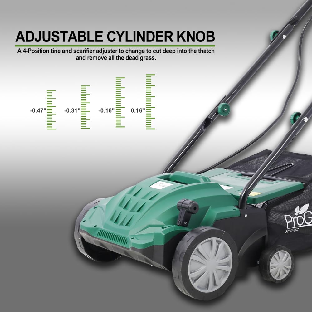 Escarificador eléctrico 2 en 1, 13 pulgadas y 12 amperios con bolsa de recogida extraíble de 31.7 cuartos de galón, altura de rastrillo ajustable, motor de 3600 RPM para cuidado del césped y