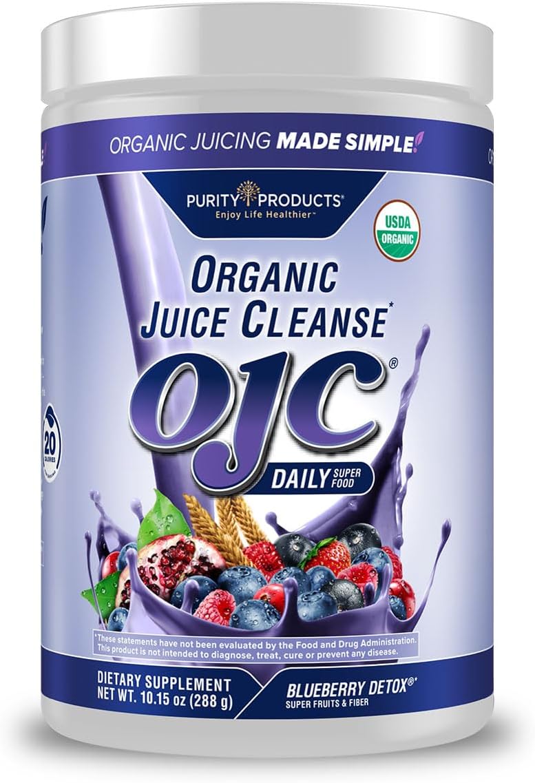 Purity Products OJC Blueberry Detox - Certified Organic Juice Cleanse Bloat + Gas Relief- Ft. OptiBiome Probiotics, Organic Super Fruits + 4 Grams Organic Psyllium Fiber - Vegan - 30 Day Supply