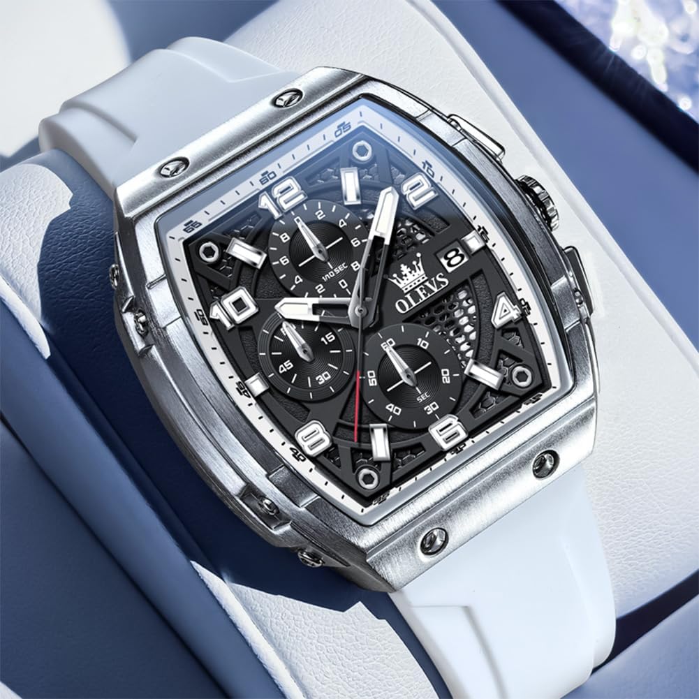 OLEVS Watches for Men Luxury Large Face Dress Men's Watches Silicone Strap Waterproof Chronograph Nice Analog Quartz Casual Mens Wrist Watch Relojes para Hombres(Black/Red/White Strap)