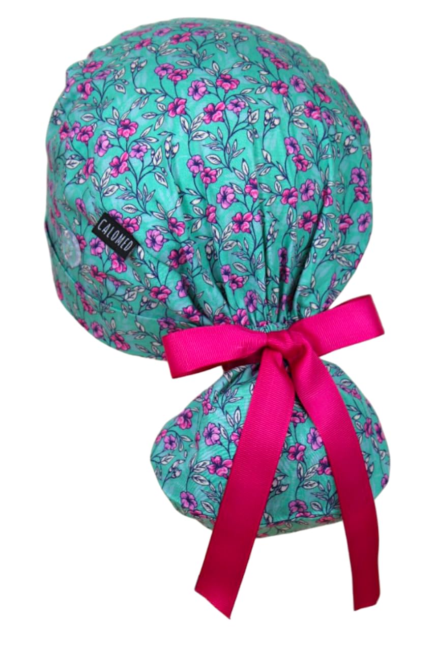 Scrub Cap for Women and Men, Ponytail Scrub Caps, Working Hat, Head Cover with Ribbon Ties and Buttons, Long Hair
