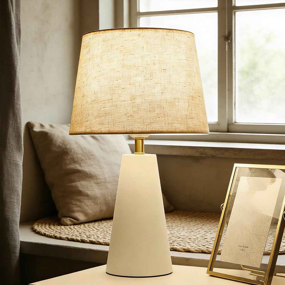 Lámpara de Mesa Elegante Pantalla de Tela Beige E27 Lámpara De Cabecera Con interruptor Lamparas de mesita Lámpara Escritorio para Dormitorio Mesita de Noche Salón Sala De Estar Estudio (Blanco)