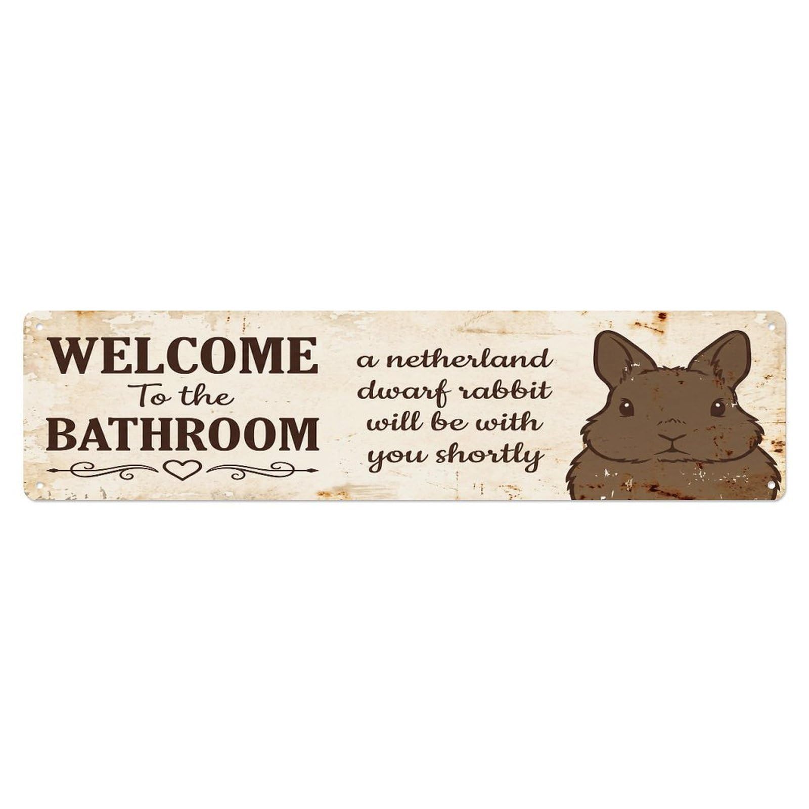 Vintage WELCOME To The BATHROOM Netherland Dwarf Rabbit Metal Tin Sign