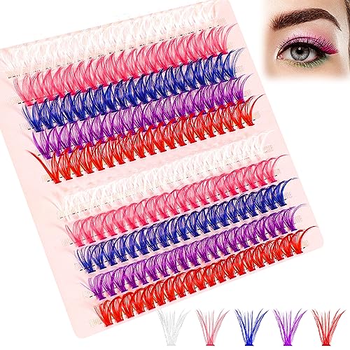 Demissle 200 Pcs Colored Cluster Extension Lashes 5 Colors Individual False Eyelashes DIY Pink Lashes Extensions Colored Extension Lashes 14mm D Curl Premade Fans Wispy Lash Clusters for Home Set