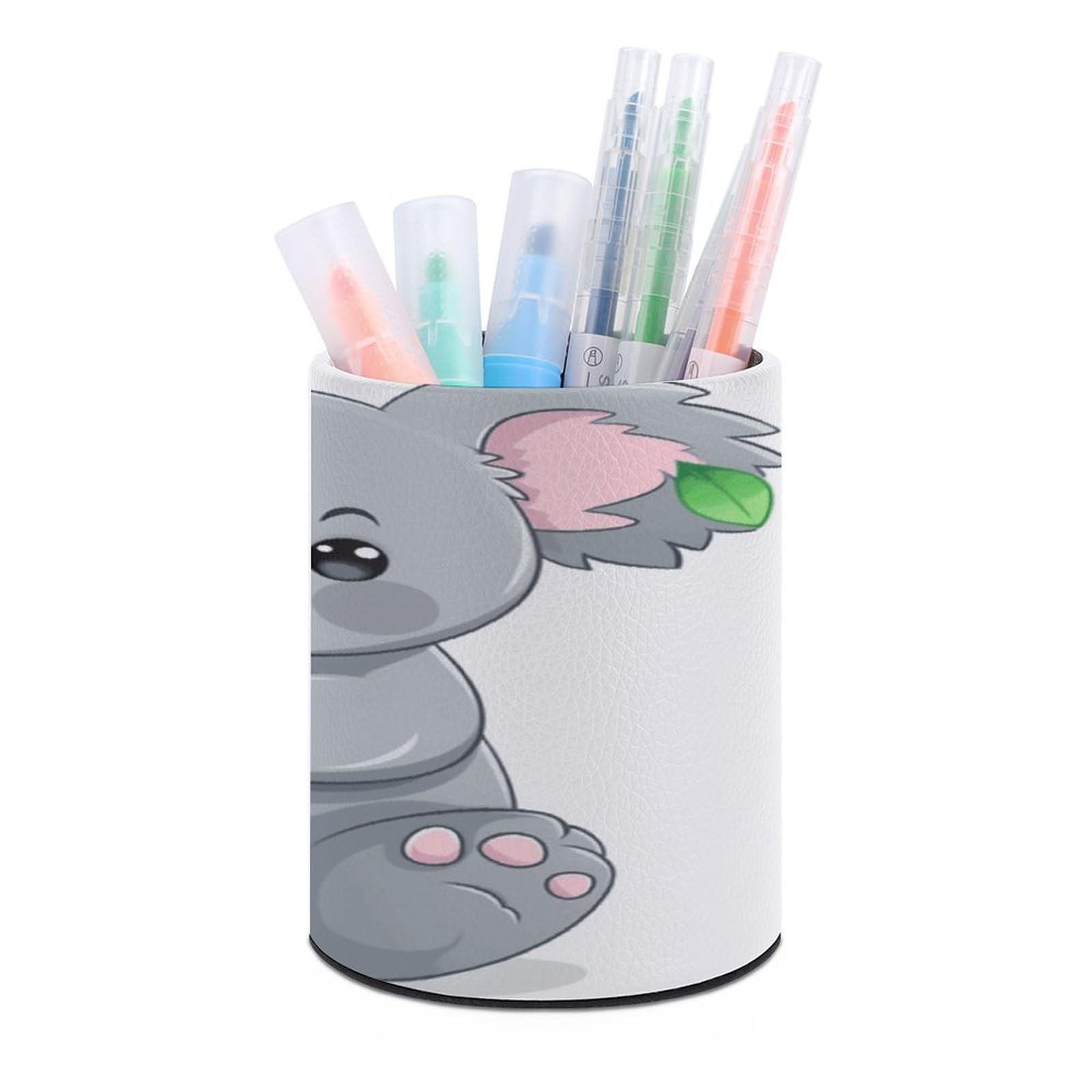 FekiLoot Green Leaf Koala Pen Holder Cup Fashion PU Leather Pencil Cup Minimalist Pen Organizer Round Pencil Holder Stand Work Locker Accessories for Decoration Desk Office Home