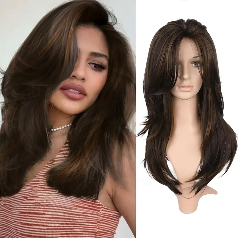 Image of Akashkrishna Hair Wig For Women Natural Looking Long Brown Mixed Blonde Wig With Bangs Heat Resistant Synthetic Hair Wig For Women with WigCap and Comb