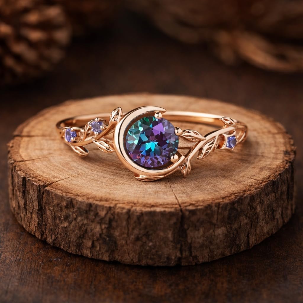 Round Alexandrite Engagement Ring 14K Rose Gold Crescent Moon Star Cluster Design June Birthstone Color Change Ring Celestial Anniversary Jewelry Gift for Women