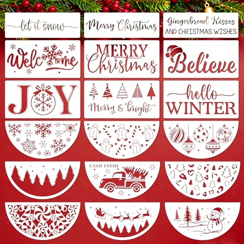 18 PCS Christmas Stencils for Painting On Wood Merry Xmas Stencil Welcome Let It Snow Holiday Doormat Drawing Templates DIY Crafts Cutouts Sign Door Mats Porch Hanger Wreath Home Decor Supplies Winter