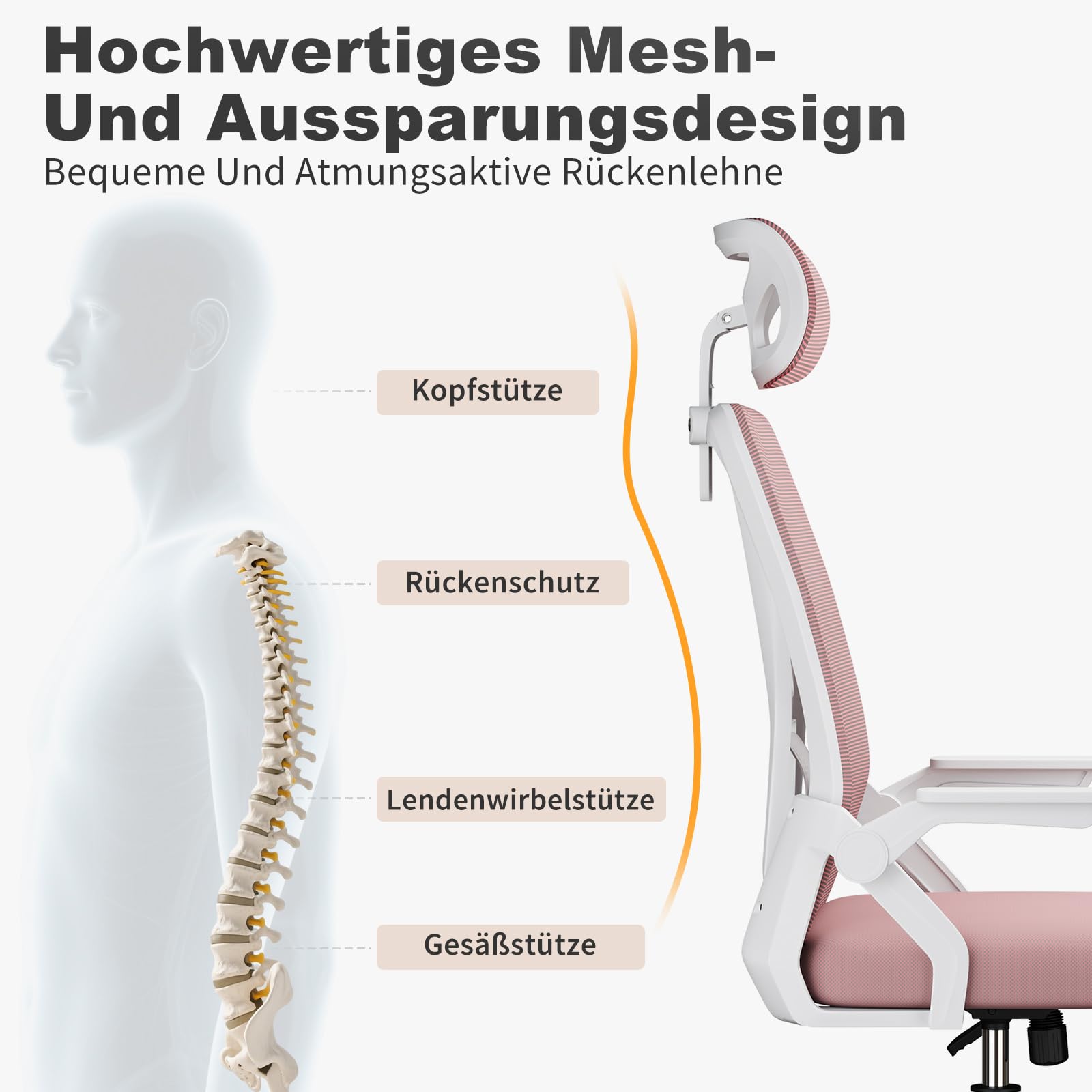 naspaluro Bürostuhl mit Lenden- und Kopfstütze, Drehstuhl mit 90° Klappbaren Armlehnen (Mit Kopfstütze, Rosa)