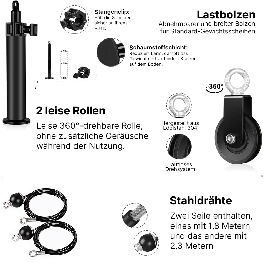 ManiBoom Kabelzug Fitness Set (204 kg) - Seilzug Fitness System mit 2-in-1 Stange, Trizepsseil und Griffen für Home Gym