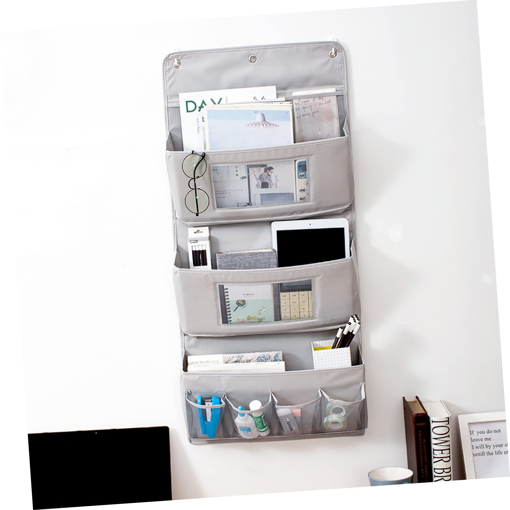 Mikikit Bolsa de Almacenamiento Colgante de 3 Capas Gris, Organizador de Pared de Tela, Resistente y Multifuncional, para Armario y Puerta, Adecuado para Dormitorio y Baño, Set Único