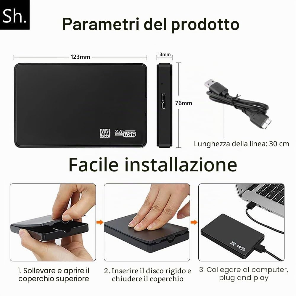 Sh. Case Esterno per Hard Disk 2.5" SATA a USB 3.0, Box per SSD/HDD Portatile, Case SSD, Custodia Disco Rigido con UASP 5Gbps, Adattatore Esterno Compatibile con PC, Laptop, PS4, Xbox
