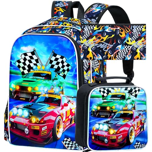 Image of AGSDON 3PCS Car Backpack for Boys, 16 inch Little Kids Preschool Bookbag, Elementary Backpacks and Lunch Box - Red