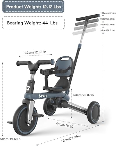 Miniatura 9 de besrey Bicicleta para niños pequeños, triciclos 5 en 1 para niños de 1 a 3 años, bicicleta de equilibrio con pedal y respaldo extraíbles, triciclo