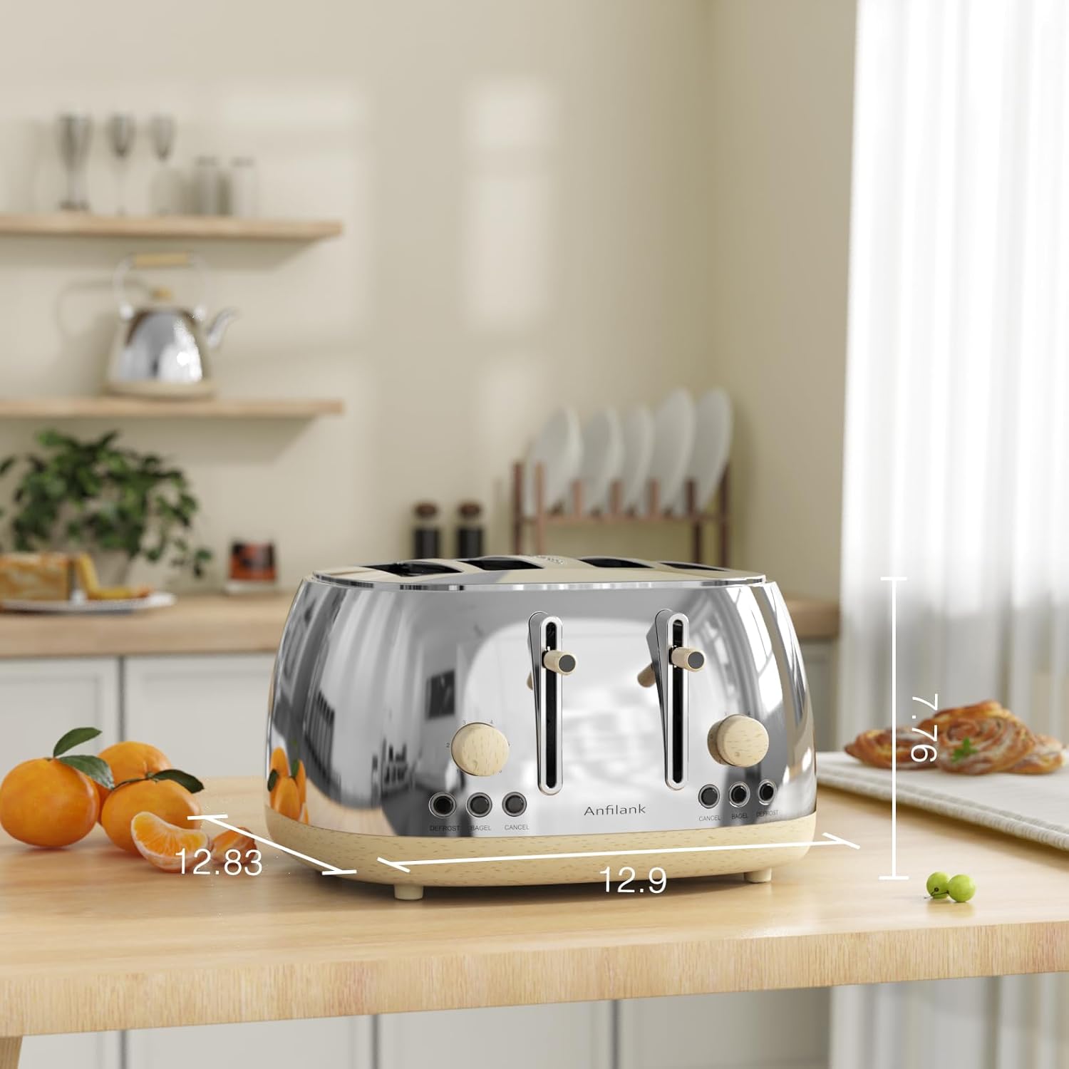 Anfilank Toaster 4 Slice,Retro Stainless Steel Toaster with Extra Wide Slots, Dual Independent Control Panel, Cancel, Bagel, Defrost Function, Removable Crumb Tray (Silver)
