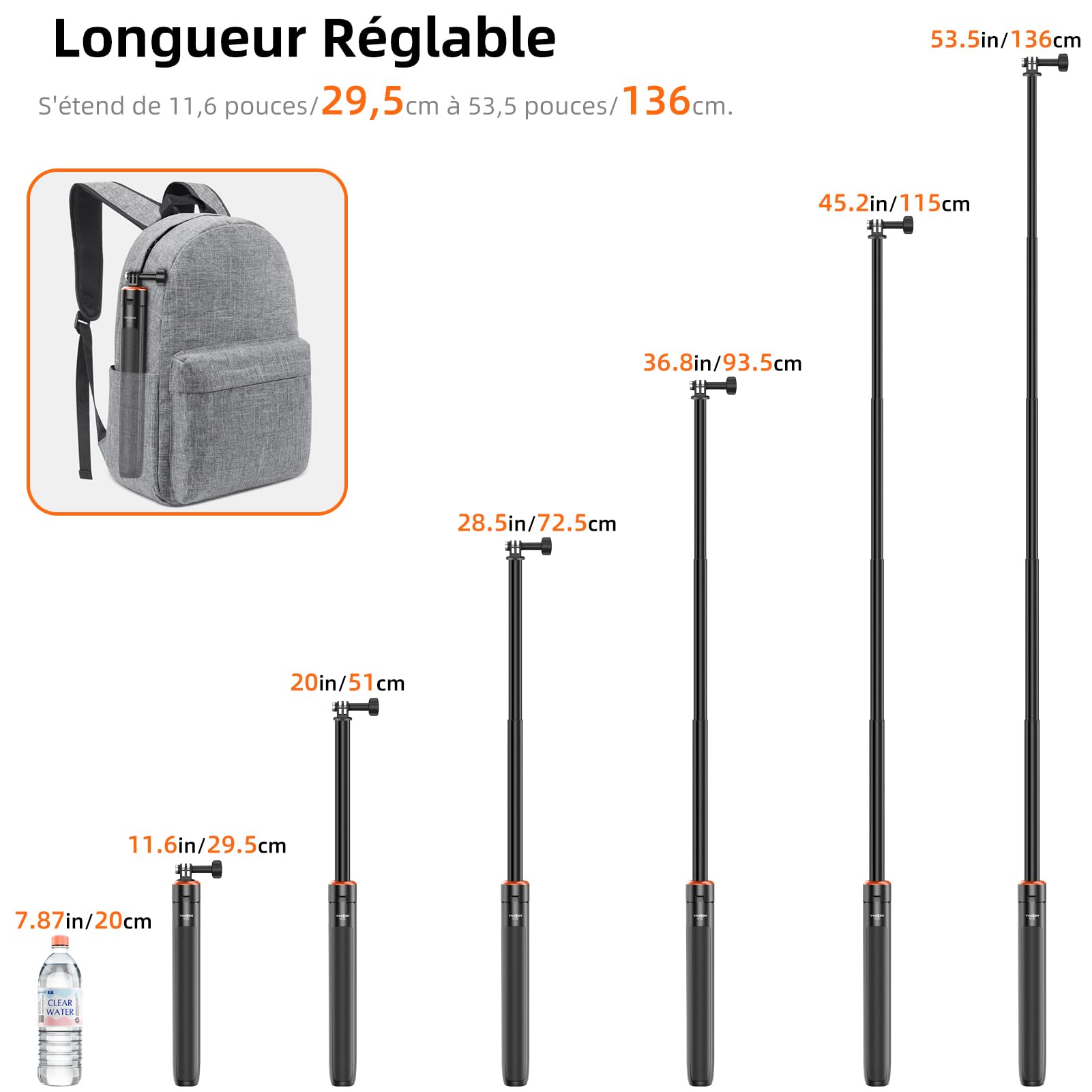 Perche à Selfie Telescopique 135 cm avec Trépied Intégré pour GoPro Hero 13/12/11/10/9/Max, DJI Osmo Pocket 4/3, Osmo Action 5 Pro/4, Insta 360 Ace Pro, AKASO EK7000 et Autres Caméra d'action