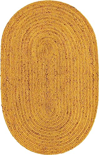 Image of Unique Loom Braided Jute Collection Area Rug - Dhaka (3' 3 inch x 5' 1 inch Oval, Yellow)
