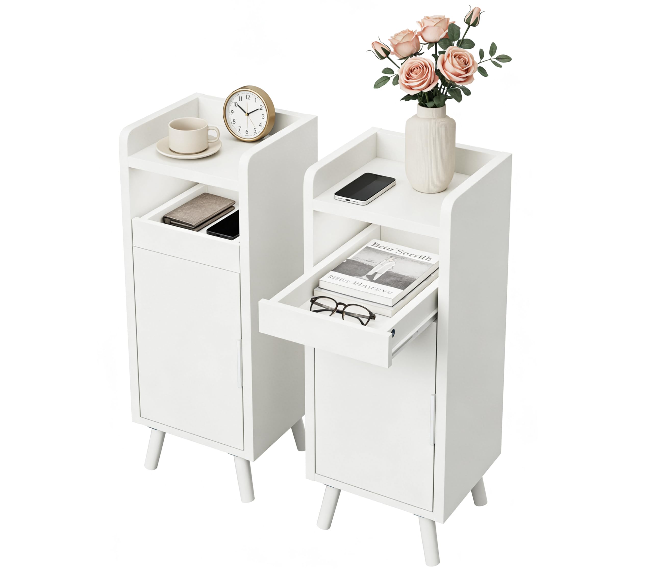 Nivadeui Nachttisch Schmal, Nachttisch 2er Set Weiß, Kleiner Nachtschrank Holz mit Tür, Beistelltisch mit Ausziehbare Tablett, Nachttischen mit Metallgriff für Schlafzimmer, Wohnzimmer (2, Weiß) Küche, Haushalt & Wohnen