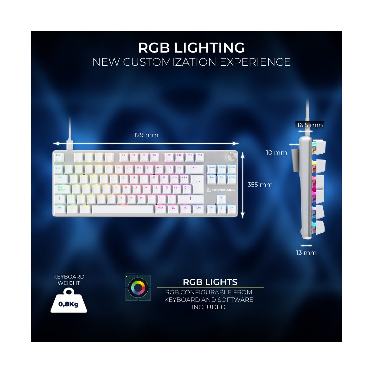 NEWSKILL Serike V2 TKL Teclado Gaming mecánico RGB tenkeyless Outemu Red hotswap Compacto Blanco