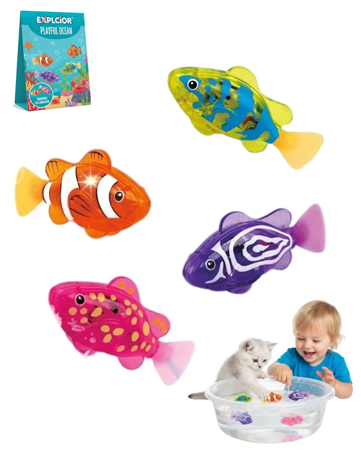 Swimming Robot Fish Toy Electronic Pet Fish Bath Toy Interactive Colorful Cat Pool Toys Robotic Fishes with LED Light Waterproof Magic Water-Activated Glowing Swimming Fishes Luminous Function(4pcs)