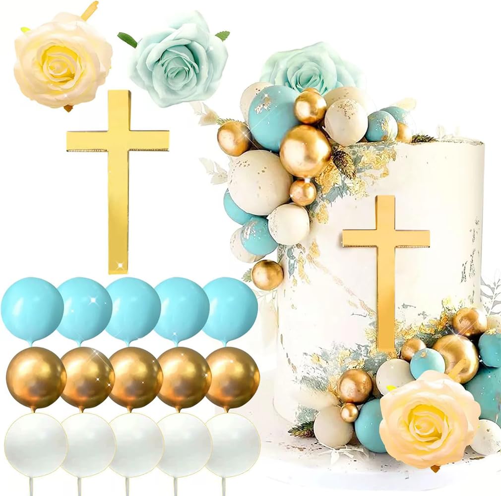 Dusenly Cross Cake Decorations Cross Cake Toppers Christening Cake Topper for Birthday Baby Shower Wedding Party Decorations (Blue)