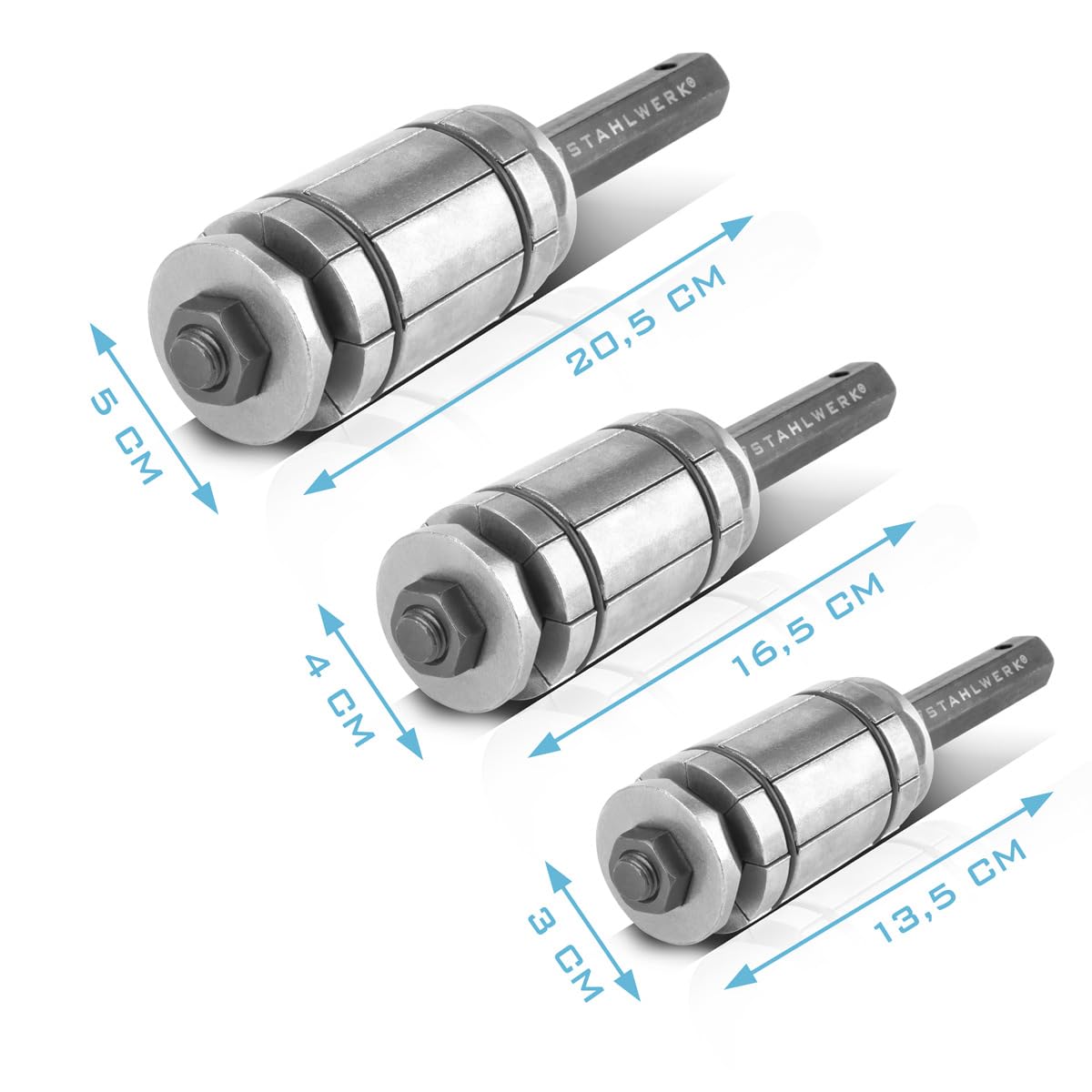 STAHLWERK Set d'évaseurs de tuyau 29-89 mm Ensemble de 3 pièces pour élargisseur de tuyau d'échappement | Expandeur de tuyau | Formeur de tuyau d'échappement | Éclisse de tuyau | Outil pour véhicules