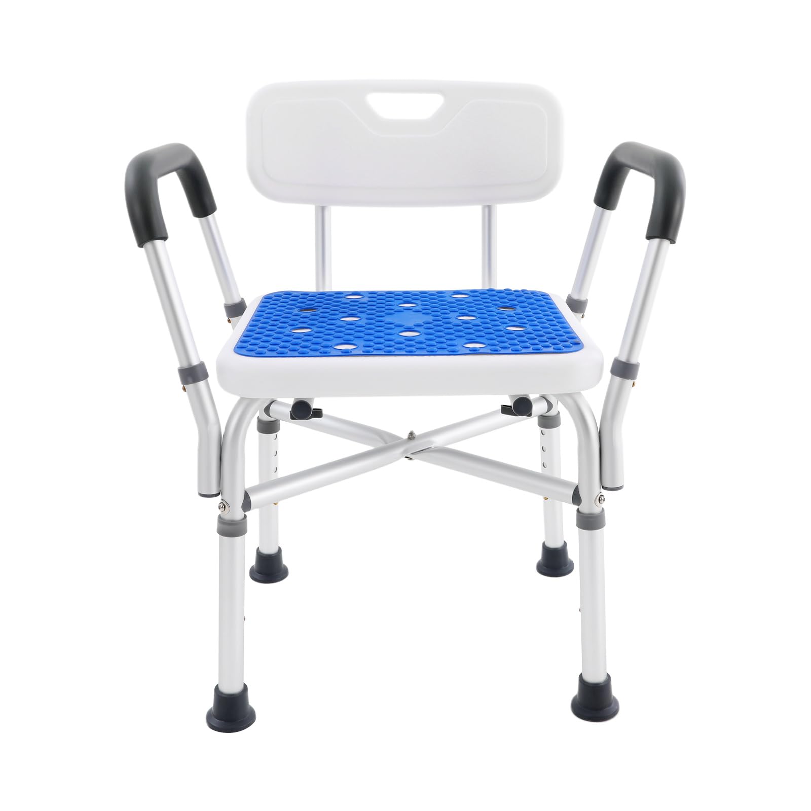 Silla de Ducha Ajustable de 34 a 42cm,Taburete de Ducha Antideslizante de hasta 250kg,con Respaldo,reposabrazos y cojín de Silicona extraíble,Silla de bañera de Acero para Ancianos y Discapacitados